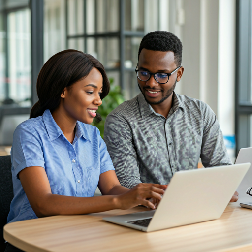 Two professionals working on a laptop